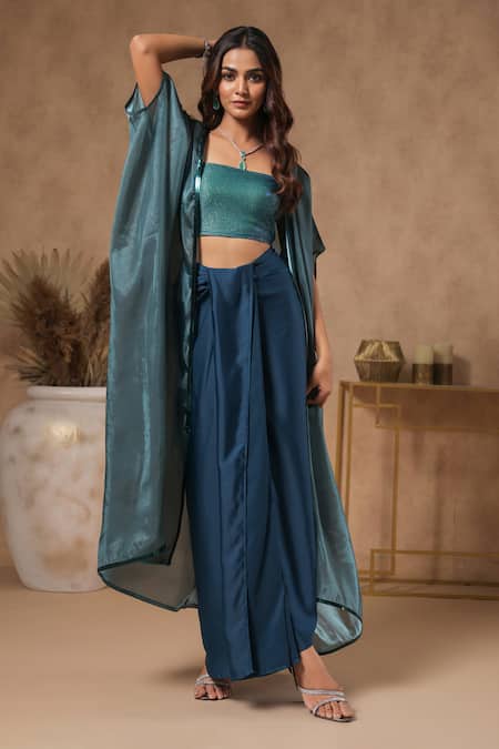 Shop_B'Infinite_Blue Organza Sequins Square Neck Lagoon Placket Embellished Cape Skirt Set 