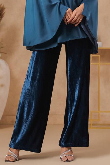 Buy B'Infinite Blue Satin Round Neck Celestial Top And Trouser Set Online at Aza Fashions Buy_B'Infinite_Blue Satin Round Neck Celestial Top And Trouser Set_Online_at_Aza_Fashions