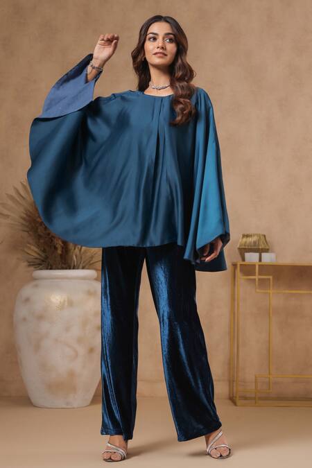 B'Infinite Blue Satin Round Neck Celestial Top And Trouser Set at Aza Fashions B'Infinite_Blue Satin Round Neck Celestial Top And Trouser Set_at_Aza_Fashions