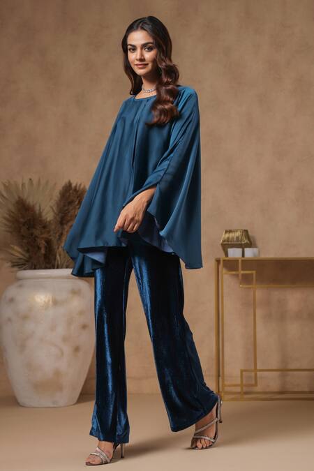 Buy B'Infinite Blue Satin Round Neck Celestial Top And Trouser Set Buy_B'Infinite_Blue Satin Round Neck Celestial Top And Trouser Set