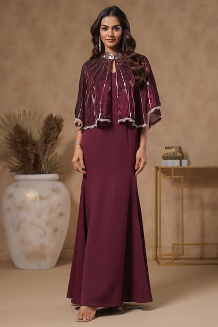 B'Infinite Rasin Gown With Embellished Cape 