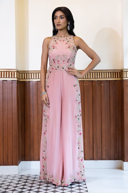 Mehak Sharma_Pink Crepe, Silk Embroidery Round Neck Floral Jumpsuit _Online_at_Aza_Fashions