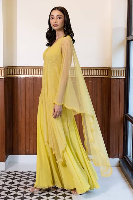 Shop_Mehak Sharma_Yellow Georgette, Net Cut Work V-neck Hand Embroidered Kurta Sharara Set _Online_at_Aza_Fashions