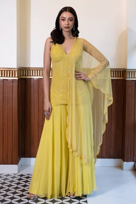 Mehak Sharma_Yellow Georgette, Net Cut Work V-neck Hand Embroidered Kurta Sharara Set _at_Aza_Fashions