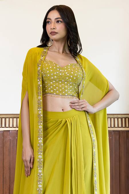 Buy_Mehak Sharma_Green Georgette Embroidery Sweetheart Neck Placement Cape Skirt Set _Online_at_Aza_Fashions
