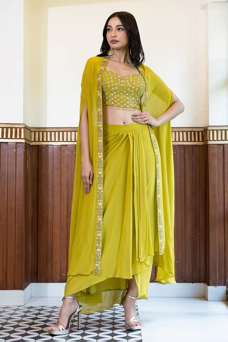 Shop_Mehak Sharma_Green Georgette Embroidery Sweetheart Neck Placement Cape Skirt Set _Online_at_Aza_Fashions