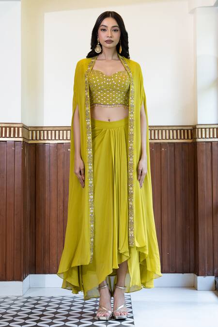 Mehak Sharma_Green Georgette Embroidery Sweetheart Neck Placement Cape Skirt Set _at_Aza_Fashions