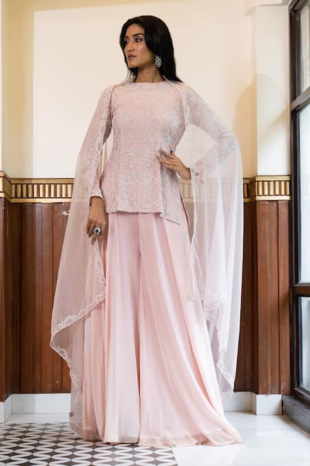 Buy_Mehak Sharma_Pink Crepe, Silk, Organza Metallic Thread, Embroidery Floral Kurta Sharara Set _Online_at_Aza_Fashions
