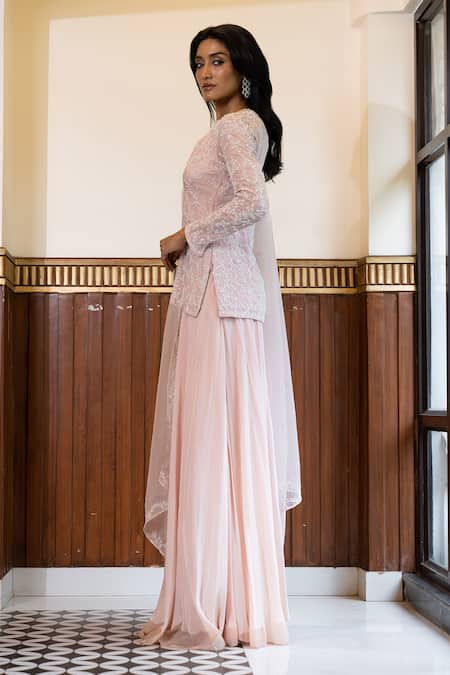 Buy_Mehak Sharma_Pink Crepe, Silk, Organza Metallic Thread, Embroidery Floral Kurta Sharara Set 