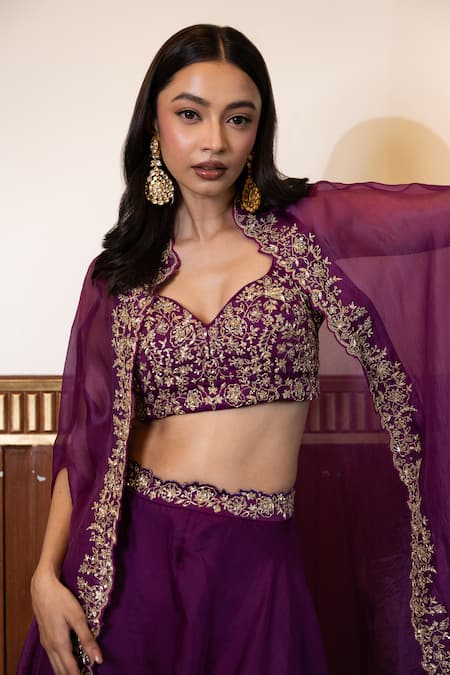 Buy Mehak Sharma Purple Organza Sequins Sweetheart Placement Floral Embroidered Cape Sharara Set Online at Aza Fashions Buy_Mehak Sharma_Purple Organza Sequins Sweetheart Placement Floral Embroidered Cape Sharara Set _Online_at_Aza_Fashions