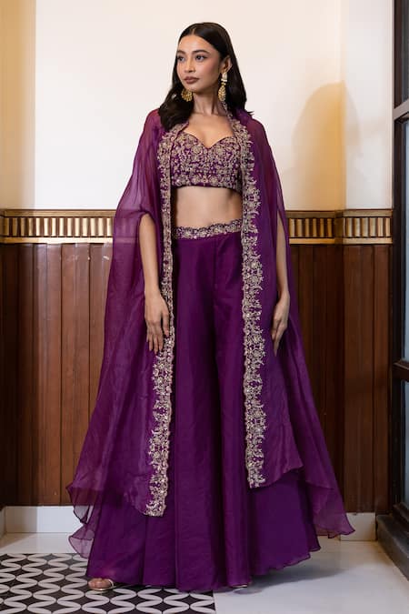 Mehak Sharma Purple Organza Sequins Sweetheart Placement Floral Embroidered Cape Sharara Set at Aza Fashions Mehak Sharma_Purple Organza Sequins Sweetheart Placement Floral Embroidered Cape Sharara Set _at_Aza_Fashions
