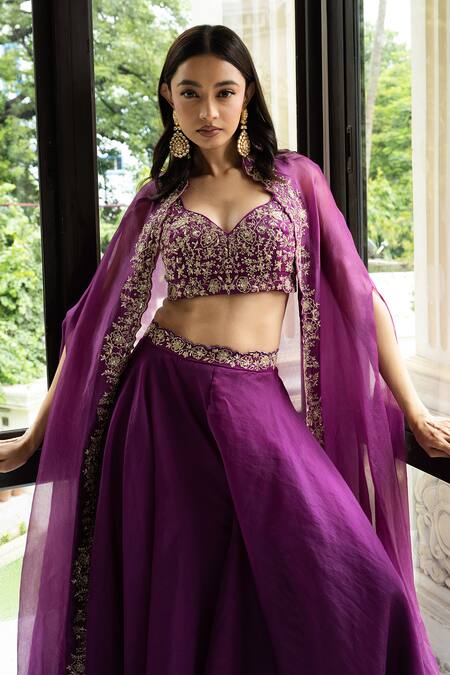 Buy Mehak Sharma Purple Organza Sequins Sweetheart Placement Floral Embroidered Cape Sharara Set Buy_Mehak Sharma_Purple Organza Sequins Sweetheart Placement Floral Embroidered Cape Sharara Set
