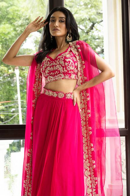 Mehak Sharma_Pink Georgette, Organza Embroidery Sweetheart Placement Hand Cape Skirt Set _Online_at_Aza_Fashions