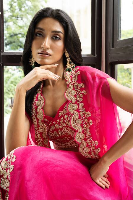 Buy_Mehak Sharma_Pink Georgette, Organza Embroidery Sweetheart Placement Hand Cape Skirt Set 