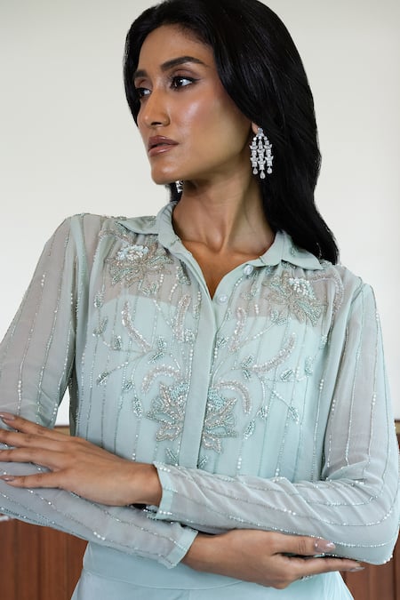 Buy_Mehak Sharma_Blue Georgette, Crepe Embroidery, Pearls Collared Floral Shirt Pant Set _Online_at_Aza_Fashions