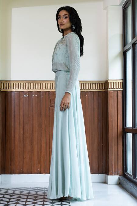 Shop_Mehak Sharma_Blue Georgette, Crepe Embroidery, Pearls Collared Floral Shirt Pant Set _Online_at_Aza_Fashions