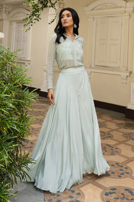 Mehak Sharma_Blue Georgette, Crepe Embroidery, Pearls Collared Floral Shirt Pant Set _at_Aza_Fashions