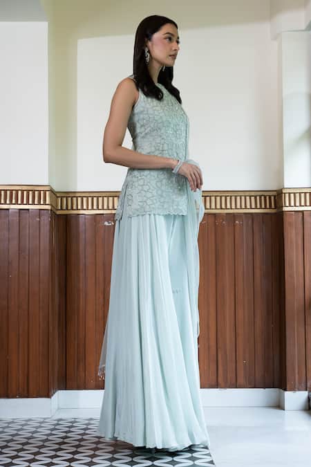 Mehak Sharma_Blue Crepe, Silk, Net Sequins, Embroidery Round Neck Floral Kurta Sharara Set _Online_at_Aza_Fashions