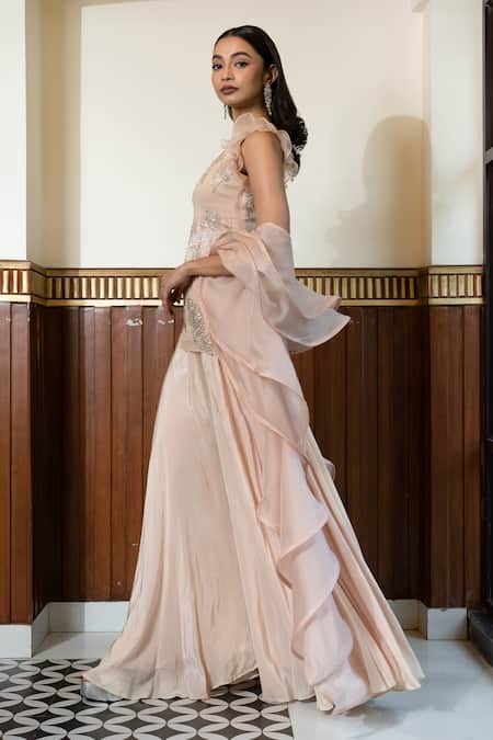 Shop_Mehak Sharma_Pink Georgette, Crepe, Organza Sequins Swarovski Embroidered Tunic Sharara Set _Online_at_Aza_Fashions