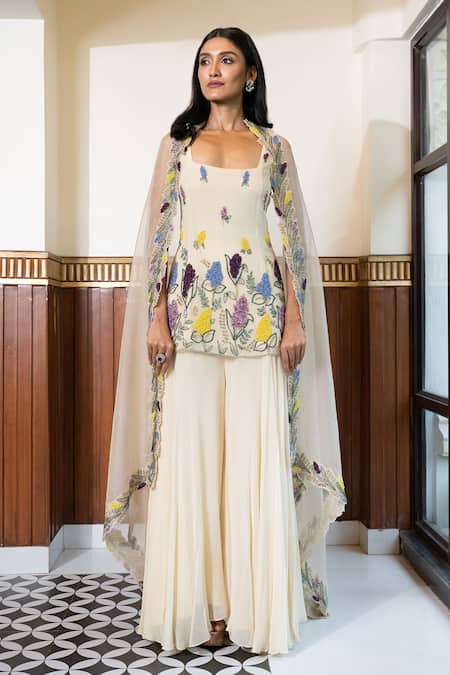 Mehak Sharma Cream Organza, Georgette Cut Work, Sequins, Floral Bloom Kurta Sharara Set Online at Aza Fashions Mehak Sharma_Cream Organza, Georgette Cut Work, Sequins, Floral Bloom Kurta Sharara Set _Online_at_Aza_Fashions
