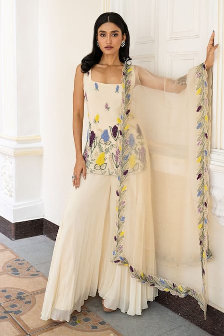 Shop Mehak Sharma Cream Organza, Georgette Cut Work, Sequins, Floral Bloom Kurta Sharara Set Online at Aza Fashions Shop_Mehak Sharma_Cream Organza, Georgette Cut Work, Sequins, Floral Bloom Kurta Sharara Set _Online_at_Aza_Fashions