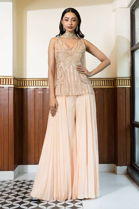 MEHAK SHARMA Peach Crepe Silk Embroidery Chid V Neck Abstract Hand Kurta Sharara Set