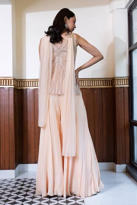 Mehak Sharma Peach Embroidered Kurta Sharara Set 