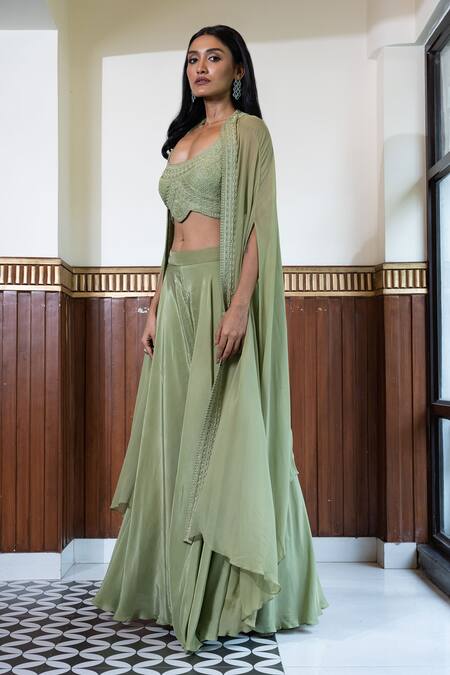 Mehak Sharma_Green Georgette, Crepe Cut Work Scoop Tonal Embroidered Border Cape Sharara Set _Online_at_Aza_Fashions