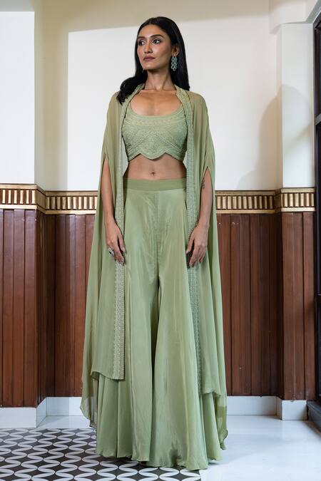 Buy_Mehak Sharma_Green Georgette, Crepe Cut Work Scoop Tonal Embroidered Border Cape Sharara Set _Online_at_Aza_Fashions