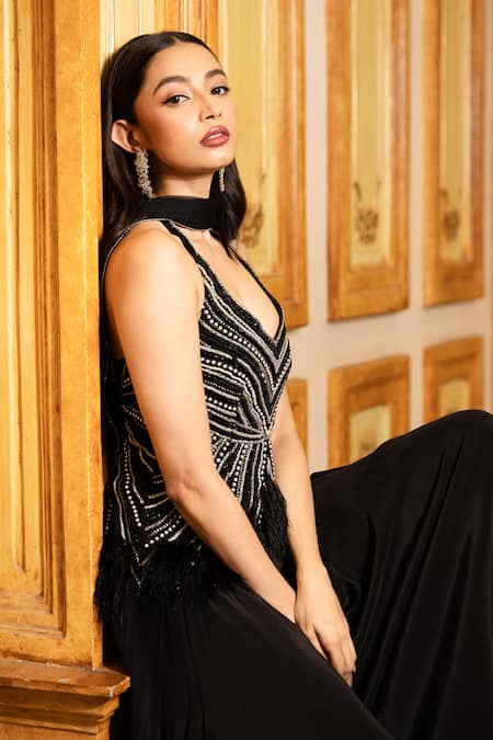 Mehak Sharma_Black Net, Crepe Pearls, Sequins, Stones Turtle And Embroidered Tunic Sharara Set _Online_at_Aza_Fashions