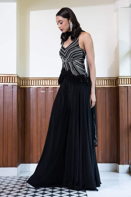 Mehak Sharma_Black Net, Crepe Pearls, Sequins, Stones Turtle And Embroidered Tunic Sharara Set _at_Aza_Fashions