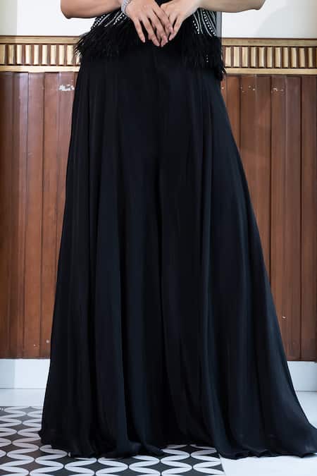 Shop_Mehak Sharma_Black Net, Crepe Pearls, Sequins, Stones Turtle And Embroidered Tunic Sharara Set 