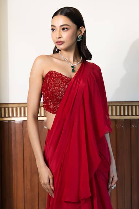 Mehak Sharma Red Organza, Net, Crepe, Solid Pre Draped Ruffle Saree With Embroidered Blouse Online at Aza Fashions Mehak Sharma_Red Organza, Net, Crepe, Solid Pre Draped Ruffle Saree With Embroidered Blouse _Online_at_Aza_Fashions
