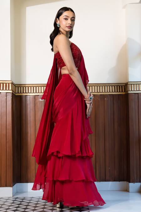 Buy Mehak Sharma Red Organza, Net, Crepe, Solid Pre Draped Ruffle Saree With Embroidered Blouse Online at Aza Fashions Buy_Mehak Sharma_Red Organza, Net, Crepe, Solid Pre Draped Ruffle Saree With Embroidered Blouse _Online_at_Aza_Fashions