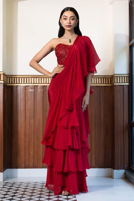 Shop Mehak Sharma Red Organza, Net, Crepe, Solid Pre Draped Ruffle Saree With Embroidered Blouse Online at Aza Fashions Shop_Mehak Sharma_Red Organza, Net, Crepe, Solid Pre Draped Ruffle Saree With Embroidered Blouse _Online_at_Aza_Fashions