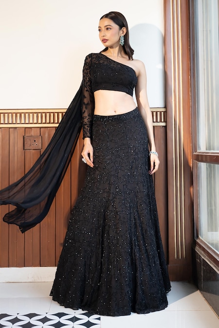 MEHAK SHARMA Black Georgette Embellished Crystal One Shoulder Lehenga Set