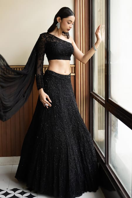 Shop_Mehak Sharma_Black Georgette Sequins, Stones, Crystals One Shoulder Embellished Lehenga Set _Online_at_Aza_Fashions