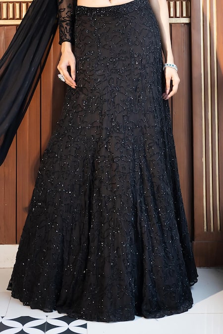 Mehak Sharma_Black Georgette Sequins, Stones, Crystals One Shoulder Embellished Lehenga Set _at_Aza_Fashions