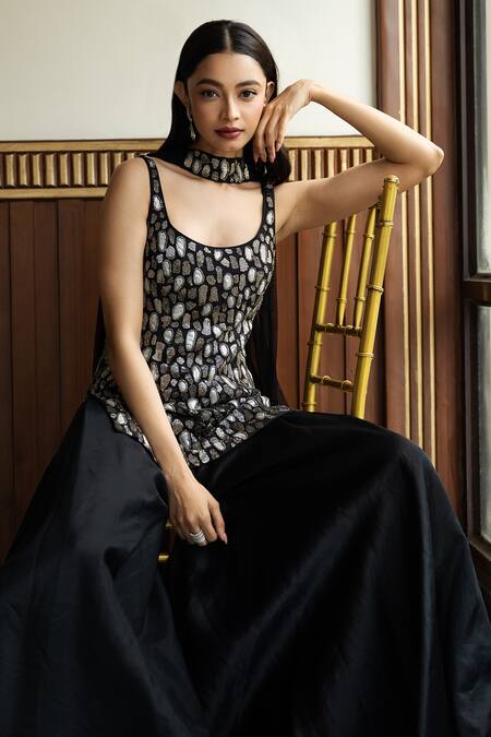 Mehak Sharma_Black Organza, Net Crystals, Abstract Cutdana Embellished Kurta Sharara Set _Online_at_Aza_Fashions