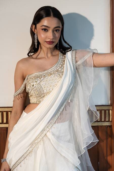 Buy Mehak Sharma Ivory Organza, Crepe Pearls, Sequins, Ruffle Border Pre Draped Saree With Blouse Online at Aza Fashions Buy_Mehak Sharma_Ivory Organza, Crepe Pearls, Sequins, Ruffle Border Pre Draped Saree With Blouse _Online_at_Aza_Fashions