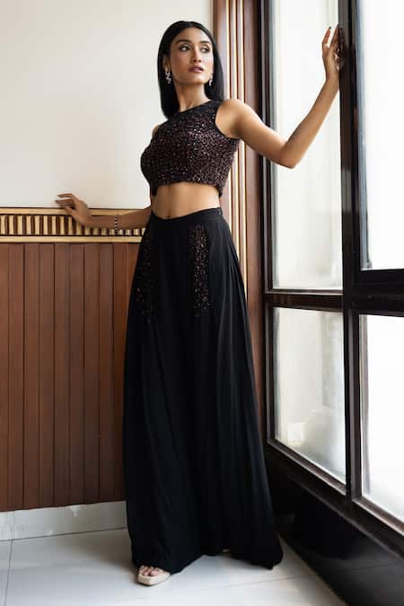 Buy_Mehak Sharma_Black Georgette Sequins, Embroidery Round Neck Embellished Bustier With Pant _Online_at_Aza_Fashions