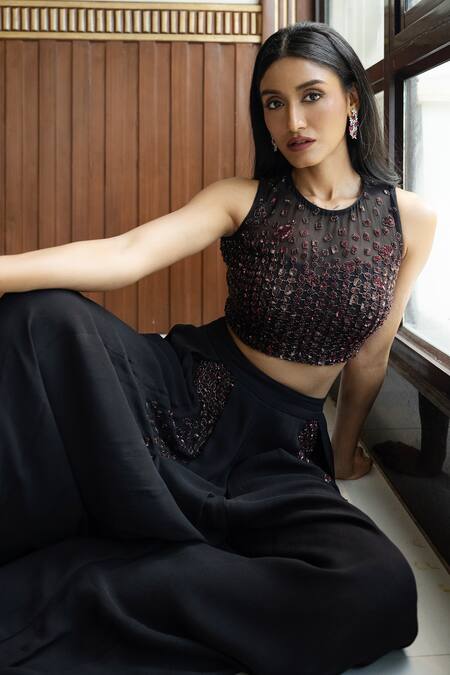Mehak Sharma_Black Georgette Sequins, Embroidery Round Neck Embellished Bustier With Pant _at_Aza_Fashions