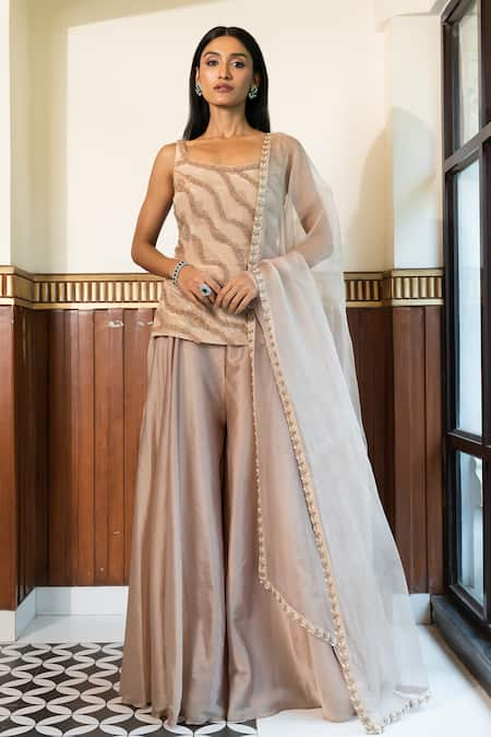 MEHAK SHARMA Beige Organza Embellished Crystal Round Ruffle Abstract Kurta Sharara Set