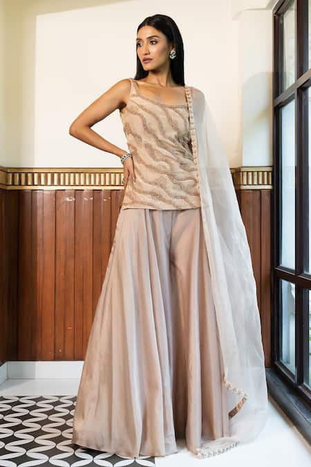 Shop_Mehak Sharma_Beige Organza, Crepe Crystals, Ruffle Abstract Embellished Kurta Sharara Set _Online_at_Aza_Fashions