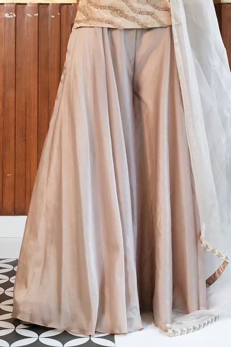 Mehak Sharma_Beige Organza, Crepe Crystals, Ruffle Abstract Embellished Kurta Sharara Set _at_Aza_Fashions