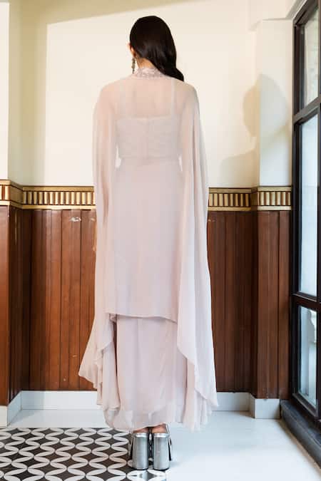 Shop_Mehak Sharma_Purple Georgette Sequins, Floral Embellished Border Cape Draped Skirt Set _at_Aza_Fashions