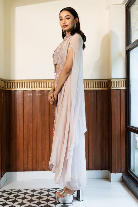 Mehak Sharma_Purple Georgette Sequins, Floral Embellished Border Cape Draped Skirt Set _Online_at_Aza_Fashions