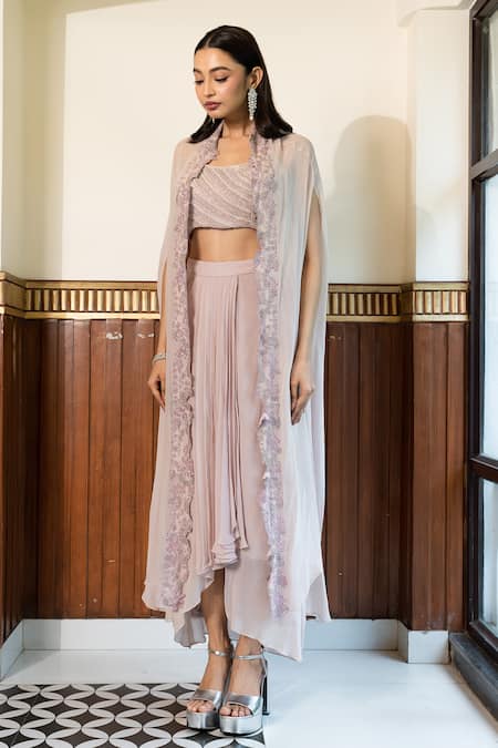 Buy_Mehak Sharma_Purple Georgette Sequins, Floral Embellished Border Cape Draped Skirt Set _Online_at_Aza_Fashions