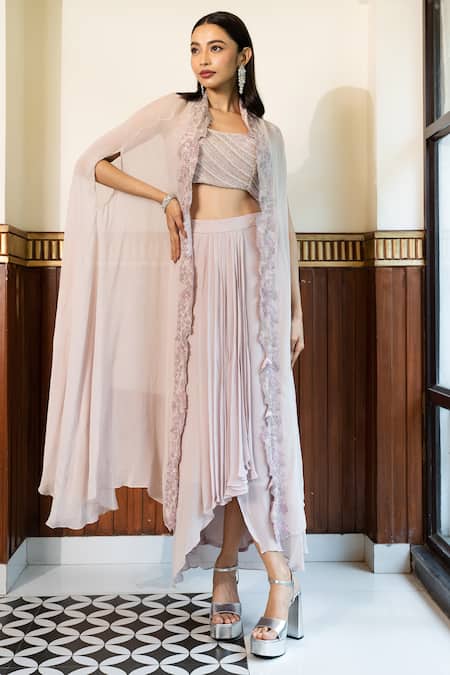 Shop_Mehak Sharma_Purple Georgette Sequins, Floral Embellished Border Cape Draped Skirt Set _Online_at_Aza_Fashions