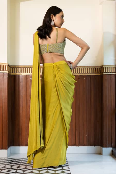 Shop Mehak Sharma Green Satin Embroidery Sweetheart Solid Pre Draped Saree With Embellished Blouse at Aza Fashions Shop_Mehak Sharma_Green Satin Embroidery Sweetheart Solid Pre Draped Saree With Embellished Blouse _at_Aza_Fashions